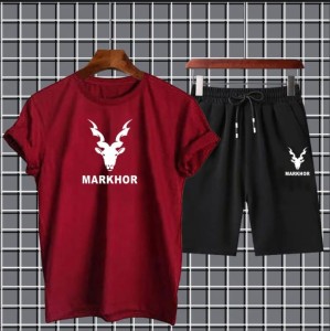 Markhor Printed Cotton Summer Tracksuit Shorts & T Shirt In Mahoon For Men n boys