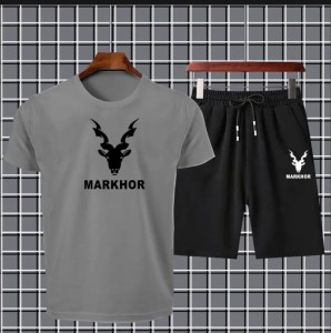 Markhor Printed Cotton Summer Tracksuit Shorts & T Shirt In Grey For Men n boys