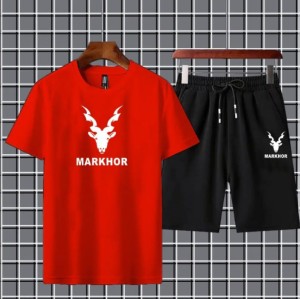 Markhor Printed Cotton Summer Tracksuit Shorts & T Shirt In red For Men n boys