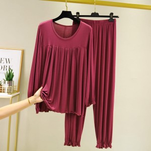 Maroon Frill Style Round Neck T Shirt with palazzo Style Pajama Full Sleeves night suit for her