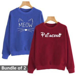 Meaow & princes Printed Winter Season Pack of 2 Pullover Sweatshirts for Women's/Girls.