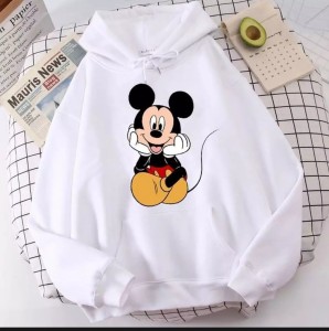 Mickey Mouse Printed Fleece Full Sleeves Pull Over White Hoodie