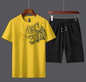 Milti Tiger Printed Yellow  Cotton Half Sleeves O Neck Short & Tshirt For Men & Boys