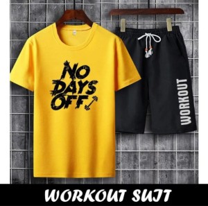 Yellow No Days Off Printed Cotton Half Sleeves O Neck Short & Tshirt For Gym Lovers  Summer Tracksuit
