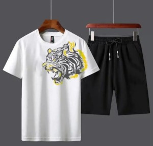 Milti Tiger Printed White Cotton Half Sleeves O Neck Short & Tshirt For Men & Boys