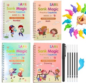 Montessori Reusable Magic Book 4Magic Books + 1Magic Pen + 10Refills + 1Grip Children's Calligraphy Copybook Magic Writin