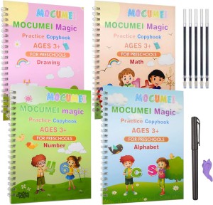 Montessori Reusable Magic Book 4Magic Books + 1Magic Pen + 10Refills + 1Grip Children's Calligraphy Copybook Magic Writing Handwriting Copy book