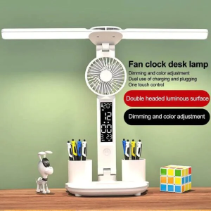 LED Desk Lamp with Fan and Clock - Foldable Multifunction Table Lamp with Pen Holder for Bedroom and Home Office