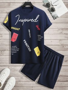 Navy Blue Men Slogan Graphic Tee & Drawstring Waist Shorts