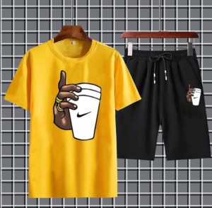 yellow Hand With Cup Printed gym wear Half Sleeves O Neck Tshirt Shorts Tracksuit For Men highly recommended tracksuit for Boys
