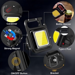 New  LED Flashlight COB Rechargeable Keychain Mini Flashlight 4 Light Modes Portable Pocket Light with Folding Bracket Bottle Opener and Magnet Base