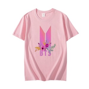 New BTS Pink T Shirt Design Trendy BTS Flower Printed O Neck Half Sleeves T Shirt