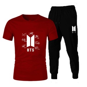 New BTS Signature Maroon T shirt And Black Trouser Casual Tracksuit Trousers Summer Arrival