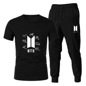 New BTS Signature Black T shirt And Black Trouser Casual Tracksuit Trousers Summer Arrival
