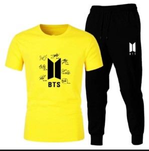 New BTS Signature Yellow T shirt And Black Trouser Casual Tracksuit Trousers Summer Arrival
