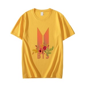 New BTS Yellow T Shirt Design Trendy BTS Flower Printed O Neck Half Sleeves T Shirt