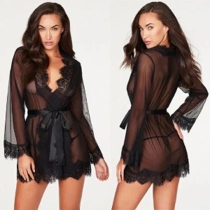 New Gown Style Sexy Transparent Lace Nighties For Woman (Black)