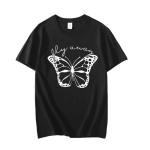 New Smart Fit Half Sleeves Black T Shirt. New Stylish Butterflies Design Casual Wear ,Export Quality , Round Neck For Girls