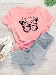 New Smart Fit Half Sleeves Pink T Shirt. New Stylish Butterflies Design Casual Wear ,Export Quality , Round Neck For Girls
