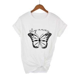 New Smart Fit Half Sleeves White T Shirt. New Stylish Butterflies Design Casual Wear ,Export Quality , Round Neck For Girls