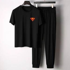 New Summer Design Superman Logo Printed Black T shirt And Black Trouser For Mens