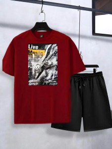 New tracksuit Live Music Printed In Maroon Color Cotton Half Sleeves O Neck Short & Tshirt Summer Wear For Men & Boys