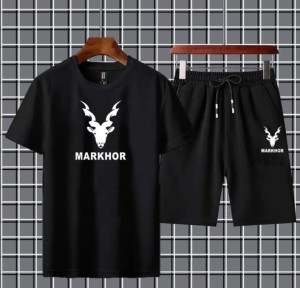 Markhor Printed Cotton Summer Tracksuit Shorts & T Shirt In Black For Men n boys