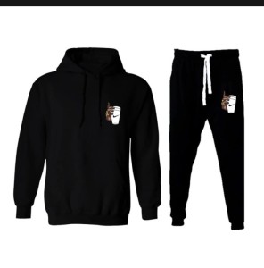 New Trendy Print Winter Tracksuit With Warm Fleece Black Hoodie and Trouser For Men