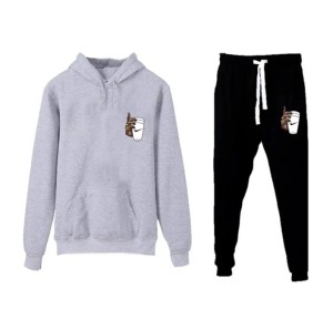 New Trendy Print Winter Tracksuit With Warm Fleece Grey Hoodie and Trouser For Men