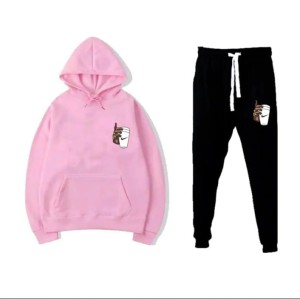 New Trendy Print Winter Tracksuit With Warm Fleece Pink Hoodie and Trouser For Women