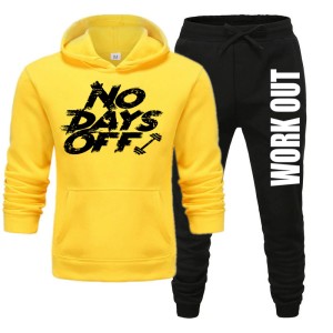 No Day Off Printed Winter Tracksuit With Warm Fleece Yellow Hoodie and Trouser For Men