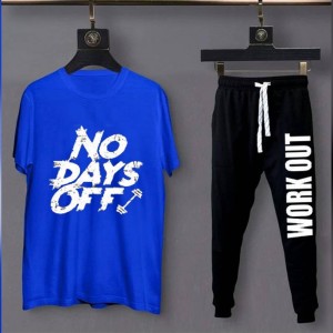 No Days Off And Workout Printed Half Sleeves Jersey Summer Tracksuit For Boys & Girls Blue T-Shirt & Black Trouser