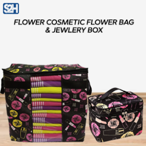 Pack of 2 - Printed Black Rose Flower Clothes Storage Bag and Cosmetic Bag