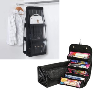 Pack Of 2 - 6 Pockets Hand-Bags & Purse Organizer Black & Roll N Go Cosmetic Bag