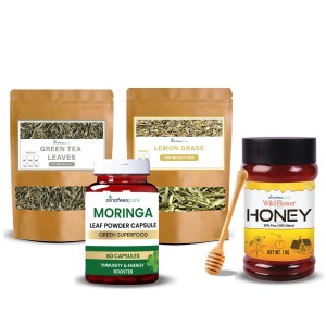 Pack of 4 - Quick Weight Loss Deal - Green Tea Leaves 100gm, Lemon Grass Leaves 100gm, and 250gm Wild Flower Honey with free Dipper and Moringa 60 Cap