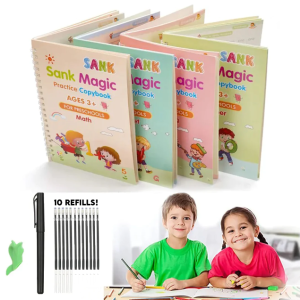 Pack Of 4 Books + Magic Pen & 10 Ink Refills) Magic Practice Copy Book For Kids