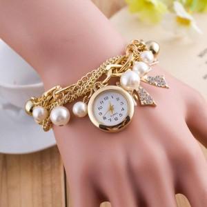 Pearl Bracelet Watch For Ladies And Girls - Golden