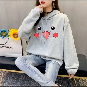 Pichachu Printed Pullover Grey Hoodie for women