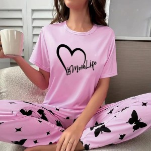 Pink Mom Life Printed Half Sleeves Tshirt and Pajama Home Wear