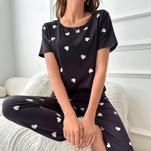 Black Hearts Printed  Half Sleeves Tshirt and Pajama Home Wear