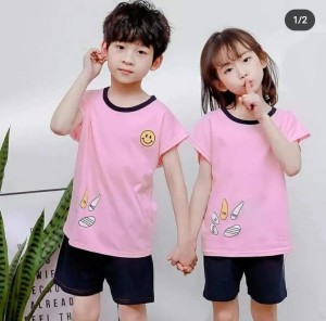 Pink Pocket Smile Kids Tshirt with Short Night Dress 