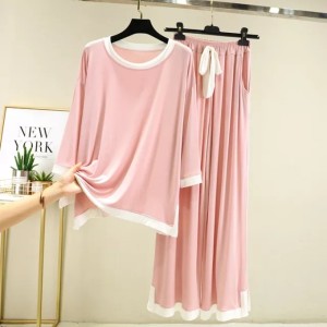 Pink Round Neck Full Sleeves Night Suit For Women