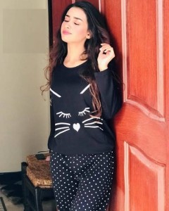 Black Meow with Dotted Style Pajama Full sleeves night suit for her 