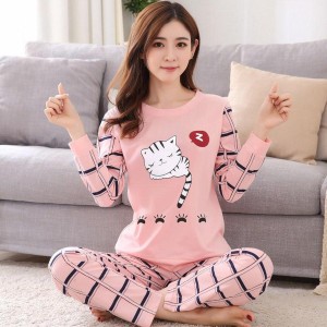 Pink Sleeping Cat Print Full Sleeves Night Suit for Her