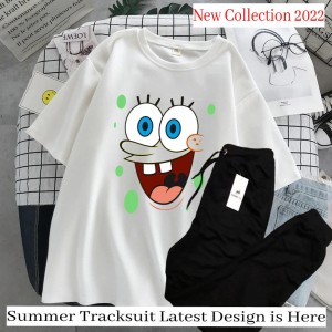 Pink SpongeBob Printed White T-Shirt and black Trouser For Girls and Women