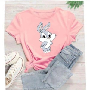 Pink T Shirt Trendy Cute Bunny Cartoon Printed Shirt Design Summer Shirt Half Sleeve for Girls & Women