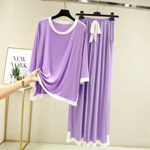 Plain Purple with White Round Neck with Palazzo Style Pajama Full Sleeves night suit for her