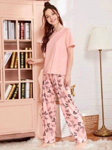 Plain Pink T-Shirt With Butterflies Print Pajama Half Sleeves Home Wear