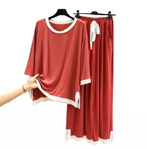 Plain Red with White Round Neck with Palazzo Style Pajama Full Sleeves night suit for her