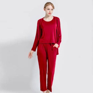 Plain Red Three Pcs Full Sleeves Night Suit for her